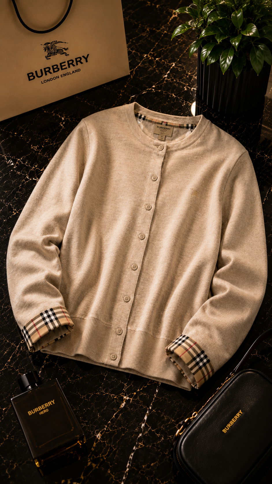 Burberry – Cardigan Beige Détails Check Signature