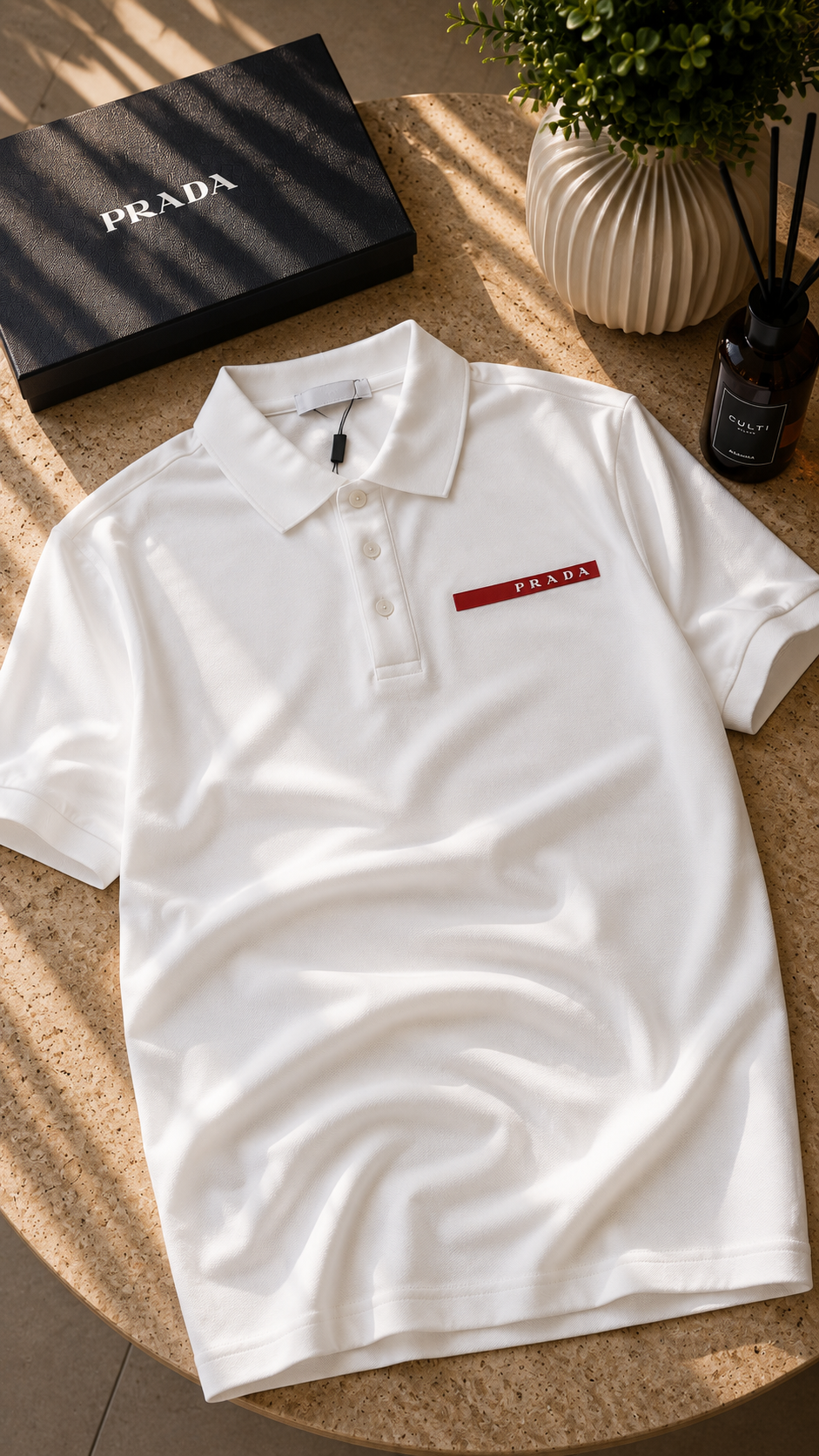 Prada – Polo Blanc Bande Logo Rouge