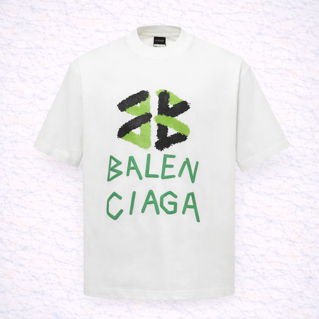 Balenciaga – T-shirt Blanc Logo Graffiti Vert & Noir
